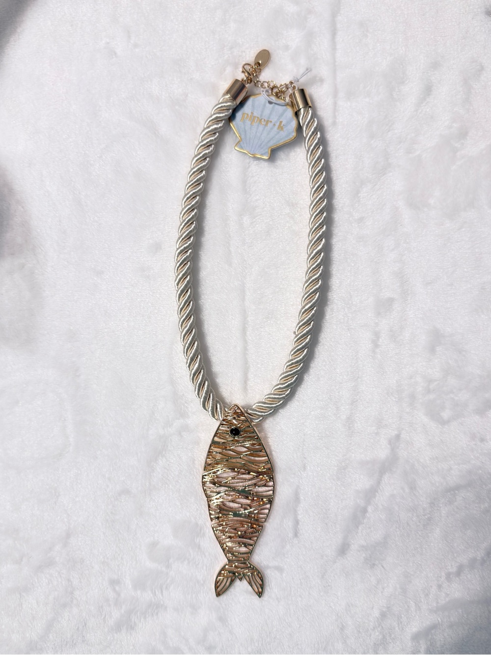 Piper K Rope Necklace with Gold-Tone Fish Pendant - Cream & Gold